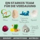Zutaten für die Verdauung von Haustieren: Karotten, Flohsamen, Probiotika, Algenkalk, Pektin, Reisöl, Bentonit; Text: "Ein starkes Team für die Verdauung."