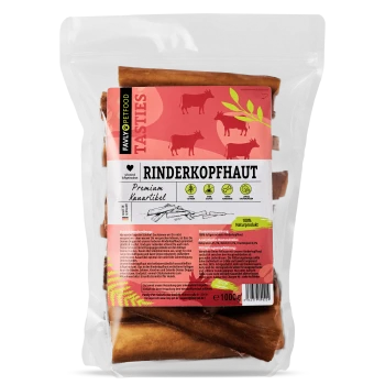 Eine transparente Tüte mit Rinderhaut-Leckerlis, beschriftet "Rinderkopfhaut" mit einem roten und rosa Kuhdesign, das "Premium Kauartikel" und "100% Naturprodukt" angibt.