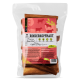 Eine transparente Tüte mit Rinderhaut-Leckerlis, beschriftet "Rinderkopfhaut" mit einem roten und rosa Kuhdesign, das "Premium Kauartikel" und "100% Naturprodukt" angibt.