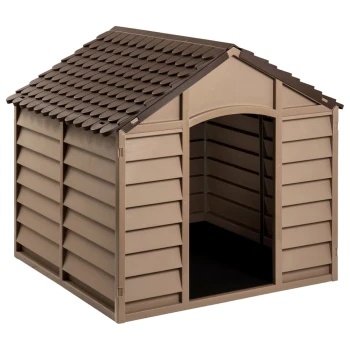 Hundehütte Braun PP Hundehaus Hundehöhle Hundebox 86 cm, 84 cm, 82 cm Ein sandfarbenes Haustierhaus mit einem geneigten, schindelgedeckten Dach und einem offenen Vordereingang, entworfen für den Außenbereich.