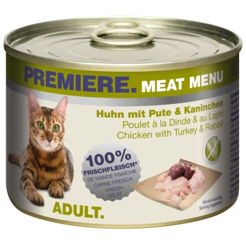 Meat Menu Adult Huhn mit Pute und Kaninchen 6x200 g Katzenfutterdose mit einer getigerten Katze, beschriftet mit "Premiere Meat Menu," mit "Huhn mit Truthahn & Kaninchen" und "100% Frisches Fleisch."