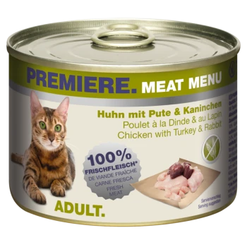 Katzenfutterdose mit einer getigerten Katze, beschriftet mit "Premiere Meat Menu," mit "Huhn mit Truthahn & Kaninchen" und "100% Frisches Fleisch."