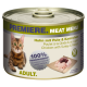 Katzenfutterdose mit einer getigerten Katze, beschriftet mit "Premiere Meat Menu," mit "Huhn mit Truthahn & Kaninchen" und "100% Frisches Fleisch."