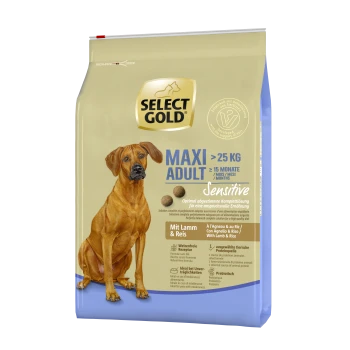 25 kg Select Gold Maxi Hundefutterbeutel für empfindliche Hunde, mit Lamm und Reis. Text: "Optimal abgestimmte Komplettlösung" und "Mit Lamm & Reis."