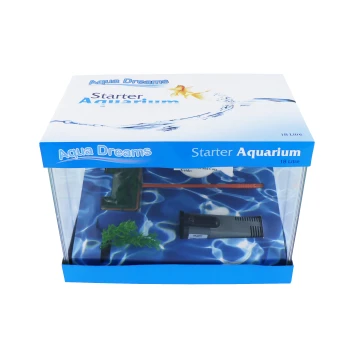 Aqua Dreams Starter Aquarium kit in a clear box, featuring an 18-litre capacity, includes a filter, plant, and care guide.