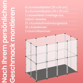 Modulares Haustiergehege-Kit auf pinkem Hintergrund, einschließlich 8 kleinen Platten, 12 großen Platten, einer Stoffbasis, Verbindern, Bändern und einem Hammer.