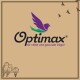 Logo von Optimax mit einem lila Vogel im Flug, mit dem Text "für vitale und gesunde Vögel" auf einem beigen Hintergrund.