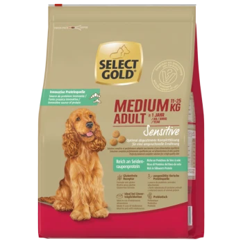 Select Gold Medium Adult Sensitive dog food bag for dogs 11-25 kg, with silkworm protein, gluten-free, prebiotic.