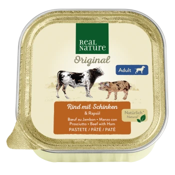 Emballage de nourriture pour chien Real Nature Original présentant du bœuf avec du jambon et de l'huile de colza, étiqueté pour les chiens adultes, avec des illustrations d'une vache et d'un chien.