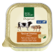 Verpackung von Real Nature Original Hundefutter mit Rindfleisch, Schinken und Rapsöl, gekennzeichnet für erwachsene Hunde, mit Illustrationen einer Kuh und eines Hundes.