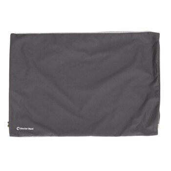 Graue Haustierdecke mit Reißverschluss, mit dem Logo "Doctor Bark" in der unteren linken Ecke.