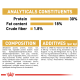 Pet food packaging featuring analytical constituents: 30% protein, 18% fat, 1.8% crude fiber. Lists composition and additives with vitamins.