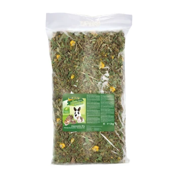 Grain Free paardenbloem 1kg 1 kg zak Löwenzahn-Mix huisdiervoeding voor konijnen, met gedroogde kruiden, gele bloemen en voedingsinformatie op het etiket.