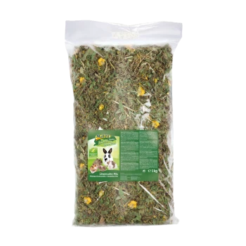 1 kg Beutel Löwenzahn-Mix Haustierfutter für Kaninchen, mit getrockneten Kräutern, gelben Blumen und Nährwertinformationen auf dem Etikett.