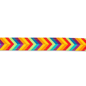 Buntes Halsband mit Chevron-Muster in Rot, Gelb, Blau, Lila und Grün auf weißem Hintergrund.