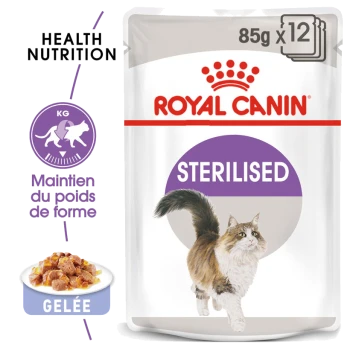 Emballage de nourriture pour chat Royal Canin Stérilisé avec une illustration de chat en course, avec le texte "85g x 12" et "Nutrition Santé".