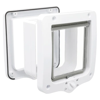 White plastic pet door with clear swing flap and rotating lock dial showing locked/unlocked icons