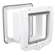 White plastic pet door with clear swing flap and rotating lock dial showing locked/unlocked icons