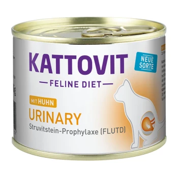 Boîte de nourriture pour chats Kattovit Feline Diet urinaire avec une silhouette de chat, étiquetée 'Mit Huhn' (avec du poulet) pour la prévention des pierres de struvite.