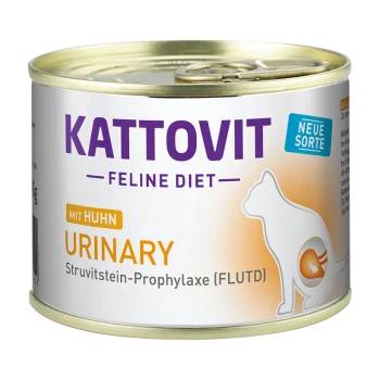 Kattovit Feline Diet urine kattenvoerblik met een katten silhouet, gelabeld 'Mit Huhn' (met kip) voor de preventie van struvietstenen.