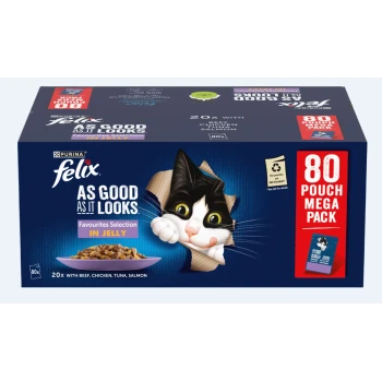 Purina Felix cat food packaging features a playful cat and reads "80 Pouch Mega Pack" with "Favourites Selection in Jelly" flavors.