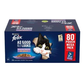 Purina Felix cat food packaging features a playful cat and reads "80 Pouch Mega Pack" with "Favourites Selection in Jelly" flavors.