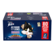 Purina Felix cat food packaging features a playful cat and reads "80 Pouch Mega Pack" with "Favourites Selection in Jelly" flavors.