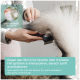 Eine Person verwendet ein Pflegewerkzeug an dem flauschigen Schwanz eines Haustiers, mit einem Textüberlagerung in Deutsch und Englisch über die Anwendung eines feinen Sprühnebels auf das Fell.
