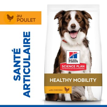 Sac de nourriture pour chiens Hill's Science Plan Healthy Mobility au poulet, avec un chien brun et blanc heureux sur l'emballage.
