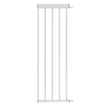 Weißes Haustiersicherheitsgitter mit vertikalen Stangen und einer oberen Montagehalterung, entworfen, um den Zugang von Haustieren in einem Zuhause zu beschränken.