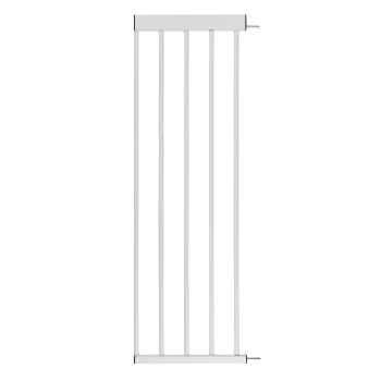 Weißes Haustiersicherheitsgitter mit vertikalen Stangen und einer oberen Montagehalterung, entworfen, um den Zugang von Haustieren in einem Zuhause zu beschränken.