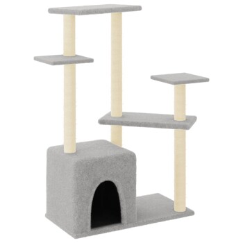 Grauer Katzenbaum mit mehreren Plattformen und einem gemütlichen Versteck, mit weichem Stoff und mit Sisal umwickelten Kratzpfosten.