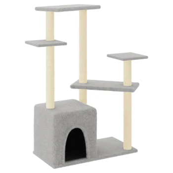 Grauer Katzenbaum mit mehreren Plattformen und einem gemütlichen Versteck, mit weichem Stoff und mit Sisal umwickelten Kratzpfosten.