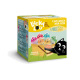 Bunte Box von "Lucky Lou Cat Lunch Mix-Box" mit 6 mausgeschmacklichen Snacks für Katzen, mit einer verspielten Grafik einer schwarzen Katze.