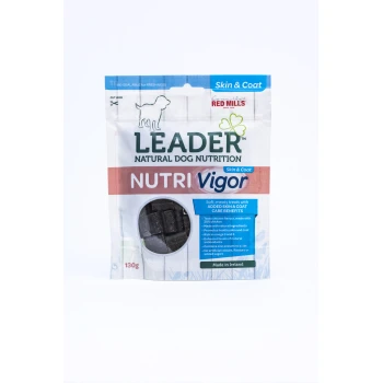 Leader NutriVigor dog treats package, 130g, featuring a window showing soft, meaty treats. Claims: 30% chicken, omega 3 & 6, skin & coat benefits.