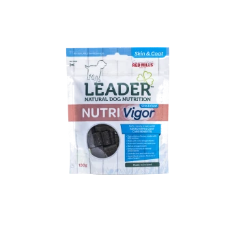 Leader NutriVigor dog treats package, 130g, featuring a window showing soft, meaty treats. Claims: 30% chicken, omega 3 & 6, skin & coat benefits.