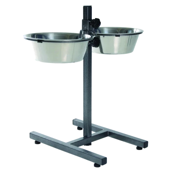 Support de bol pour animaux en acier inoxydable avec hauteur réglable et cadre en métal noir robuste.