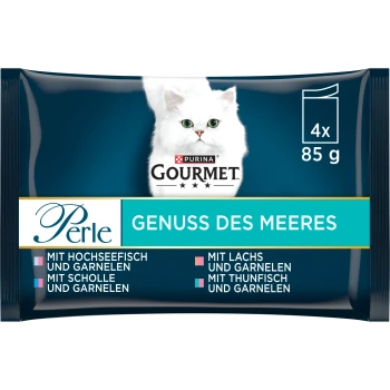 Verpackung für Purina Gourmet Perle Katzenfutter zeigt eine weiße Katze mit grünen Augen, beschriftet "Genuss des Meeres" mit aufgelisteten Garnelengeschmäckern.
