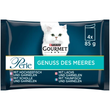 Verpackung für Purina Gourmet Perle Katzenfutter zeigt eine weiße Katze mit grünen Augen, beschriftet "Genuss des Meeres" mit aufgelisteten Garnelengeschmäckern.