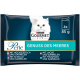 Verpackung für Purina Gourmet Perle Katzenfutter zeigt eine weiße Katze mit grünen Augen, beschriftet "Genuss des Meeres" mit aufgelisteten Garnelengeschmäckern.