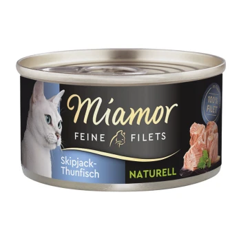 Nourriture en conserve pour chats étiquetée "Miamor Feine Filets" contenant du thon listao, avec le visage d'un chat blanc sur l'étiquette et le texte "100% Filet."