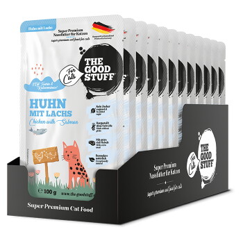 Displaybox mit Feuchtfutterbeuteln 'THE GOOD STUFF' mit der Aufschrift 'HUHN MIT LACHS / Chicken with Salmon', illustrierte Katze