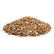 Eine Nahaufnahme eines großen Haufens gemischtem Vogelfutter, das verschiedene Samen in Brauntönen, Beige und Weiß zeigt, ideal für Haustiervögel.