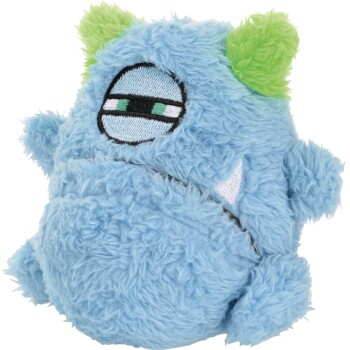 Blauw pluche monster huisdierspeelgoed met groene oren, geborduurde slaperige ogen en een witte tand.