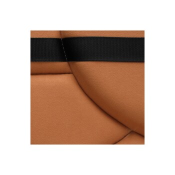 Nahaufnahme einer beigen Haustiersitzabdeckung mit einem schwarzen Riemen, die eine weiche, gepolsterte Textur zeigt.