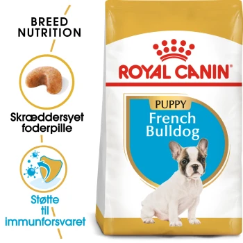 Royal Canin Welpenfutter für Französische Bulldoggen, mit einem Welpenbild, Details zur Rassenernährung und Vorteilen für die Immununterstützung.