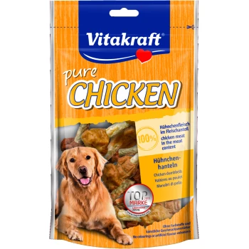 Verpackung von Vitakraft reinen Hühner-Hundeleckerlis mit einem Golden Retriever, mit Text, der 100 % Hühnerfleisch und "Hühnchen-Hanteln" hervorhebt.