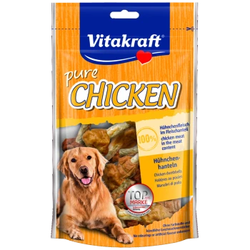 Verpackung von Vitakraft reinen Hühner-Hundeleckerlis mit einem Golden Retriever, mit Text, der 100 % Hühnerfleisch und "Hühnchen-Hanteln" hervorhebt.