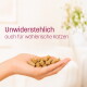 Getigerte Katze, die aus einer Snackdose von der Hand gefüttert wird; sichtbarer Text: 'Hypoallergen & funktional' und 'das tut deiner Katze gut'.