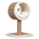 Ein gemütlicher Katzenbaum mit einer kreisförmigen, plüschgefütterten Hängematte mit einem baumelnden Pom-Pom-Spielzeug, gestützt von einem stabilen, sisalumwickelten Pfosten.